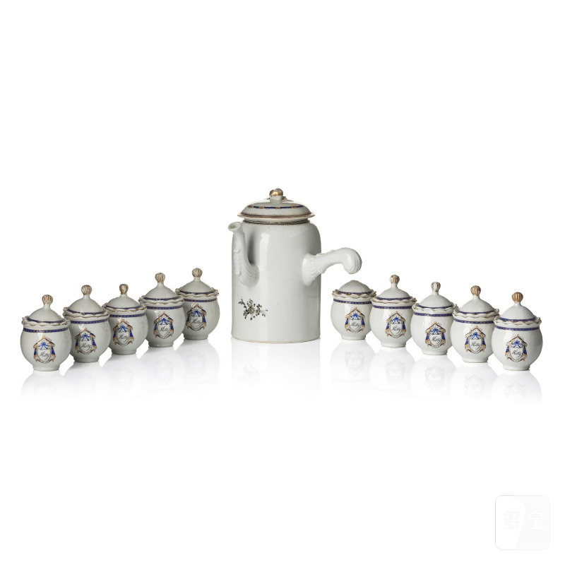 A set of 10 'European Subject' custard cups with covers and a coffeepot with cover,